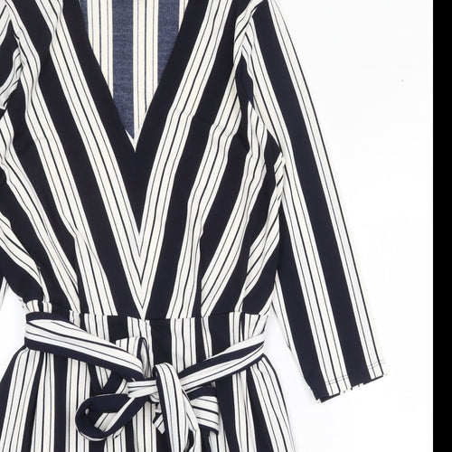 H&M Womens Blue Striped Polyester A-Line Size S V-Neck Tie
