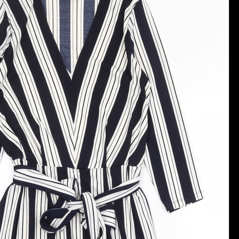 H&M Womens Blue Striped Polyester A-Line Size S V-Neck Tie