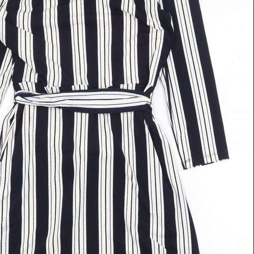 H&M Womens Blue Striped Polyester A-Line Size S V-Neck Tie