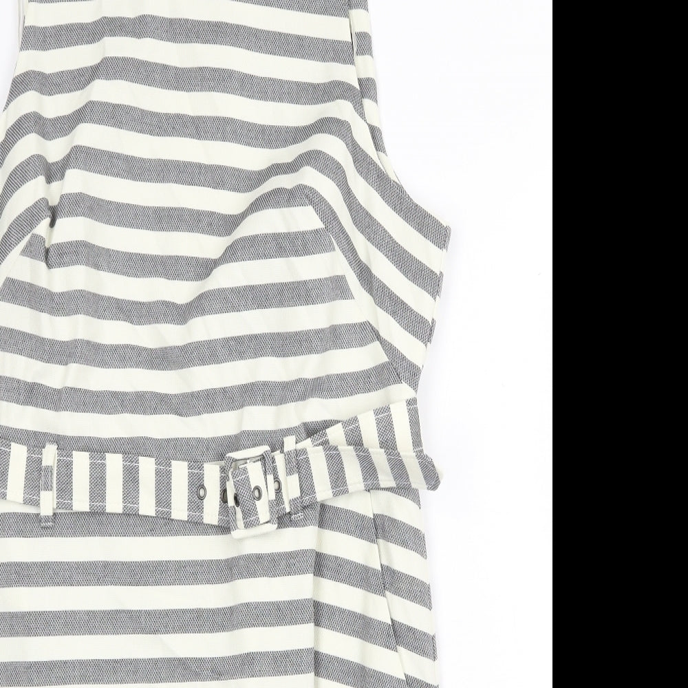 New Look Womens Beige Striped Polyester A-Line Size 16 Round Neck Zip