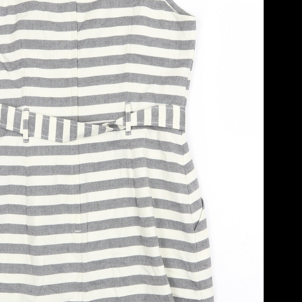 New Look Womens Beige Striped Polyester A-Line Size 16 Round Neck Zip