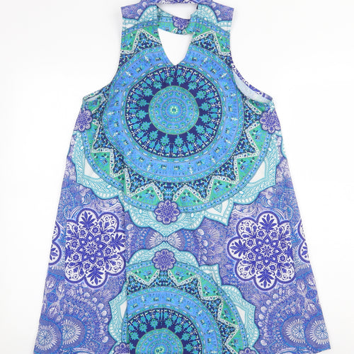 Kiss the Sky Womens Blue Geometric Polyester Shift Size XS Round Neck Button