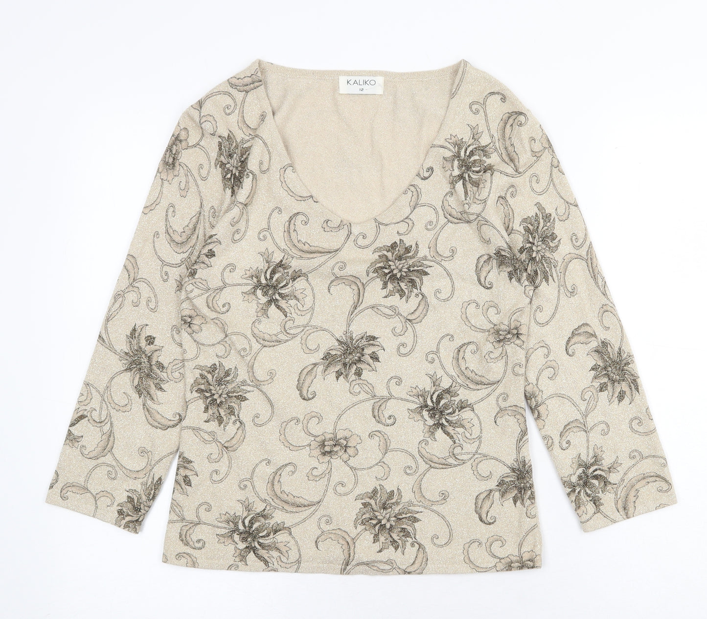 Kaliko Womens Gold Floral Viscose Basic Blouse Size 12 V-Neck