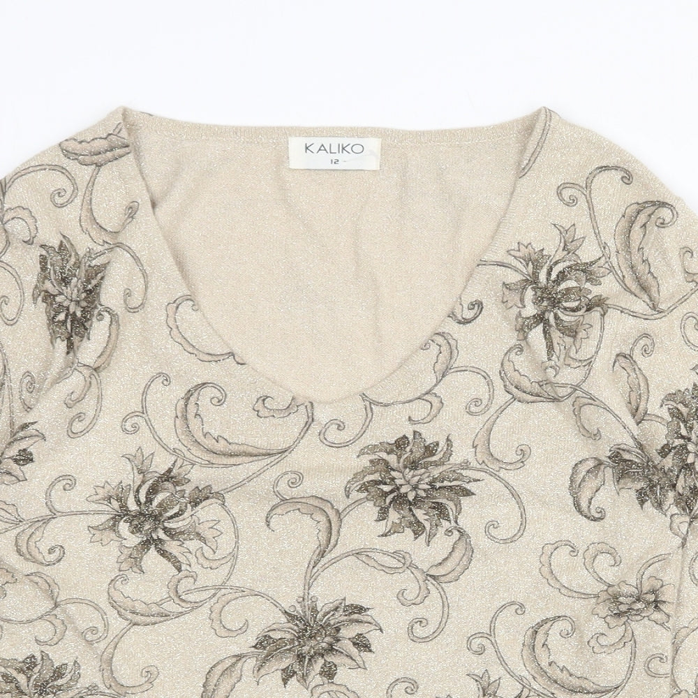 Kaliko Womens Gold Floral Viscose Basic Blouse Size 12 V-Neck