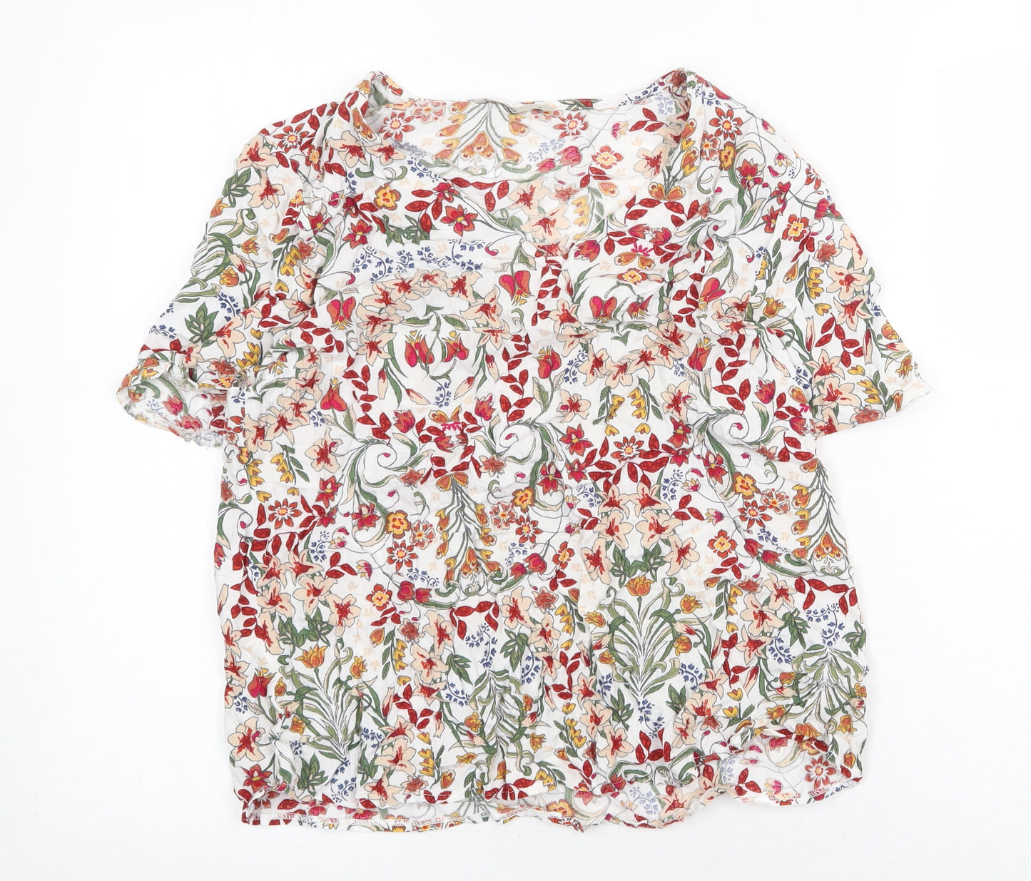 TU Womens White Floral Viscose Basic T-Shirt Size 12 V-Neck