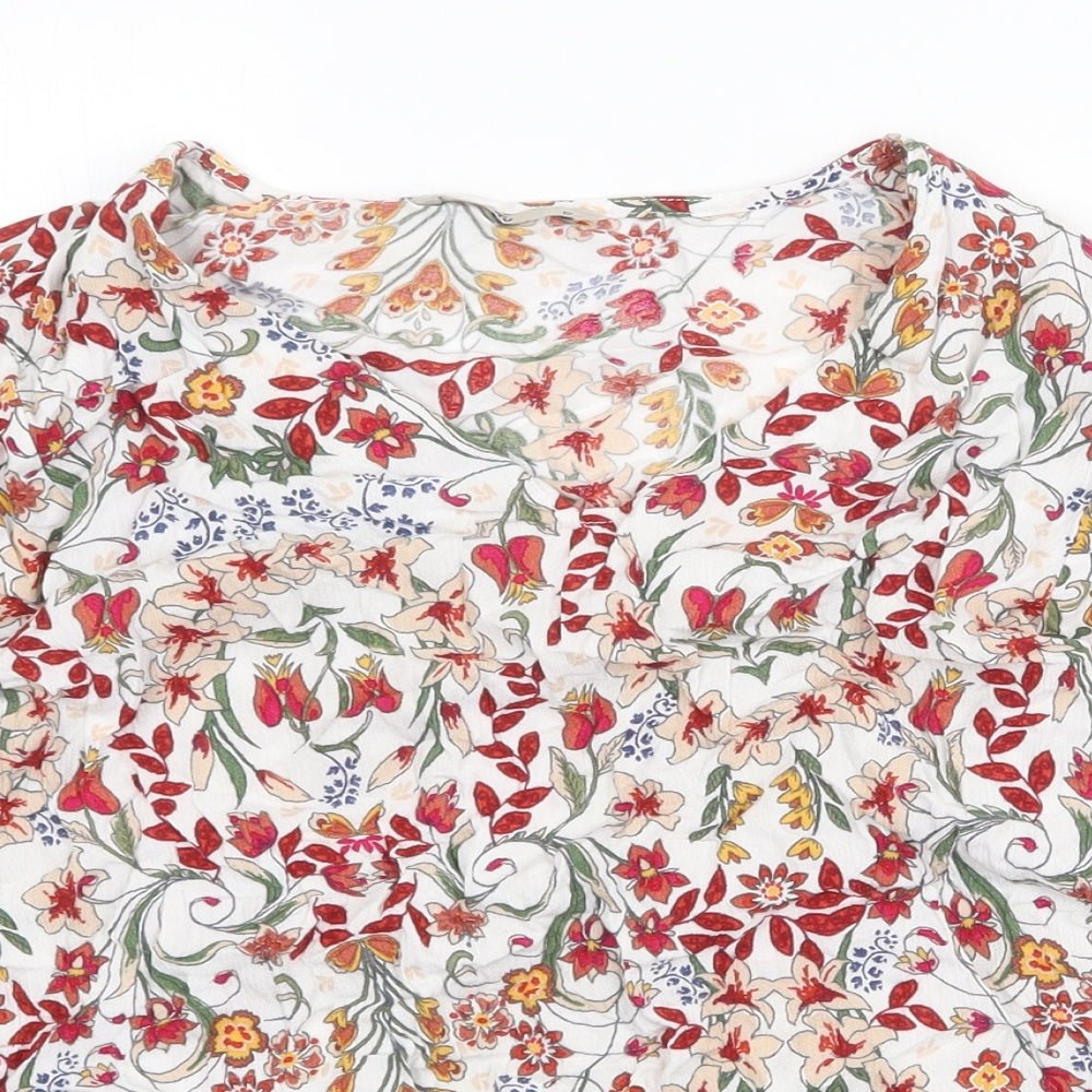TU Womens White Floral Viscose Basic T-Shirt Size 12 V-Neck