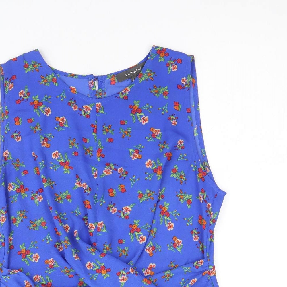 Primark Womens Blue Floral Polyacrylate Fibre Basic Blouse Size 14 Boat Neck - Front Detail