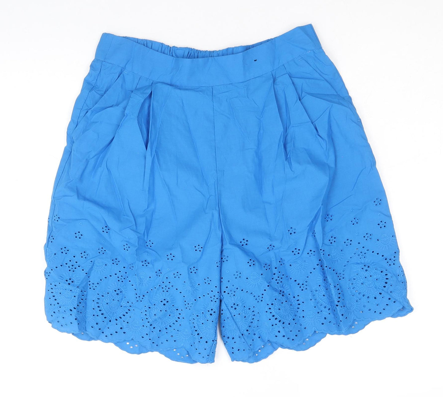 Marks and Spencer Womens Blue 100% Cotton Culotte Shorts Size 10 Regular Pull On - Broderie Anglaise