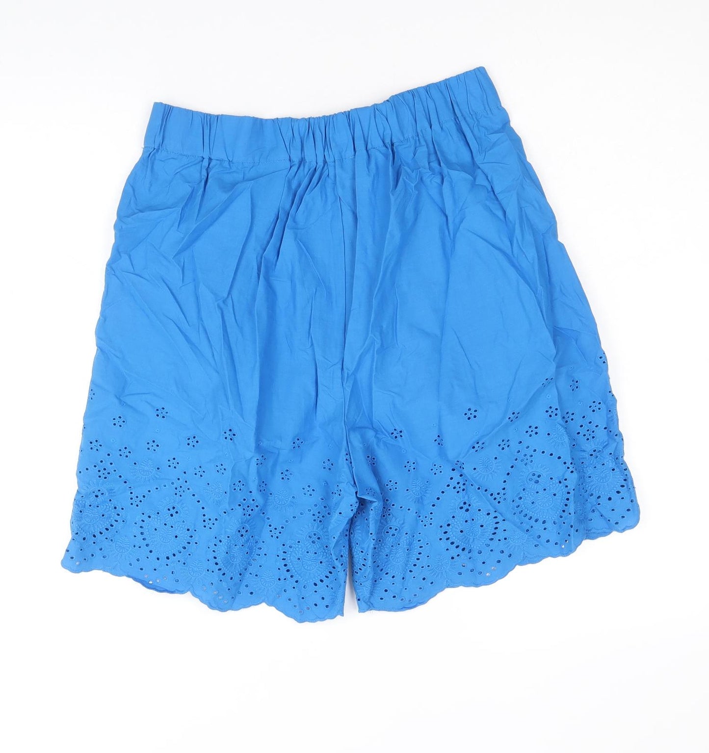Marks and Spencer Womens Blue 100% Cotton Culotte Shorts Size 10 Regular Pull On - Broderie Anglaise