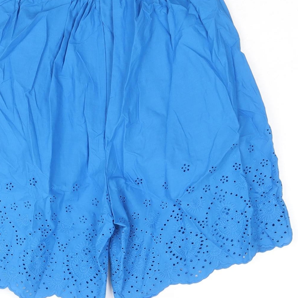 Marks and Spencer Womens Blue 100% Cotton Culotte Shorts Size 10 Regular Pull On - Broderie Anglaise