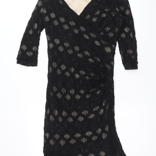 Kaliko Womens Black Geometric Cotton A-Line Size 12 V-Neck Pullover