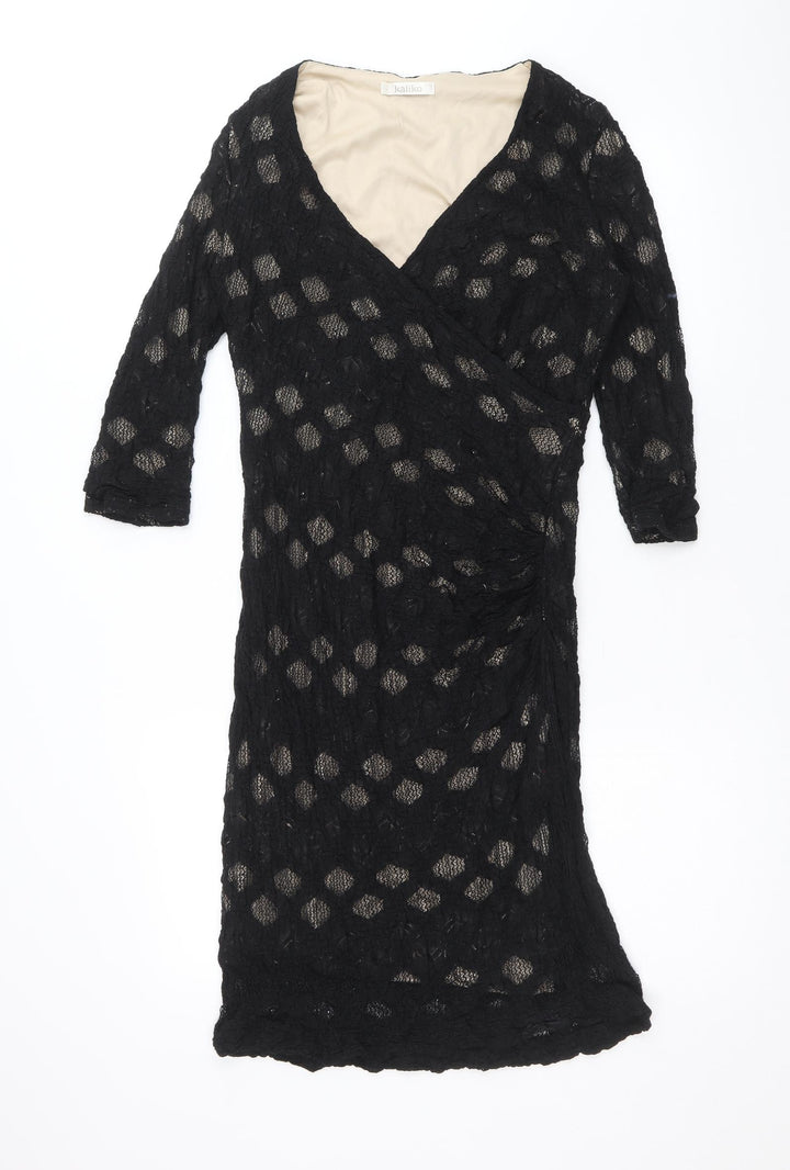 Kaliko Womens Black Geometric Cotton A-Line Size 12 V-Neck Pullover