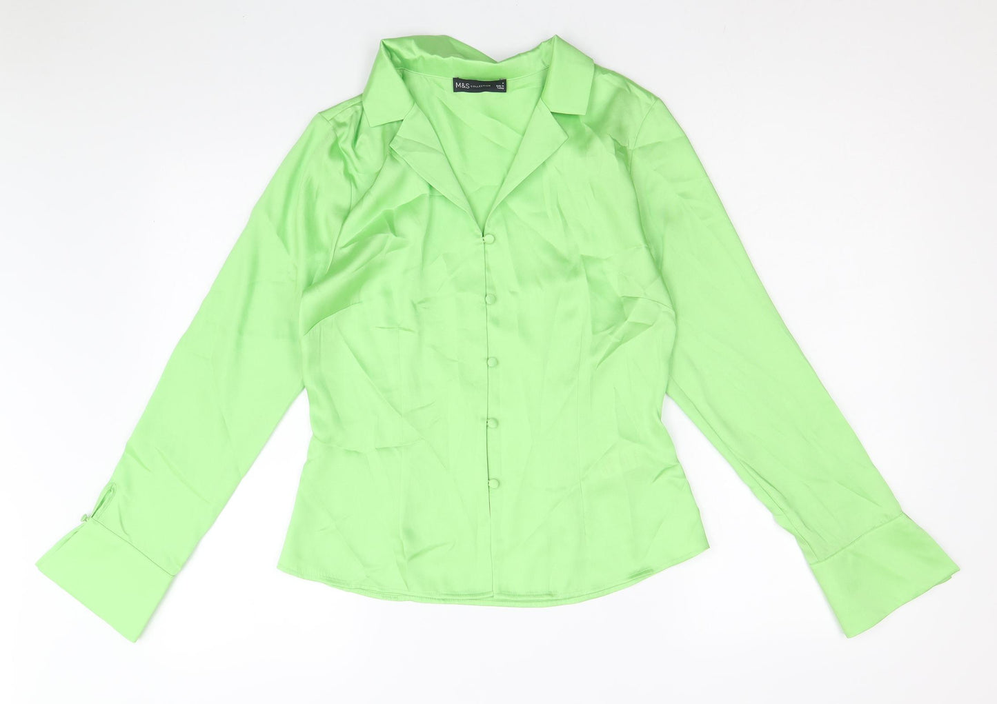 Marks and Spencer Womens Green Polyester Basic Button-Up Size 8 Collared