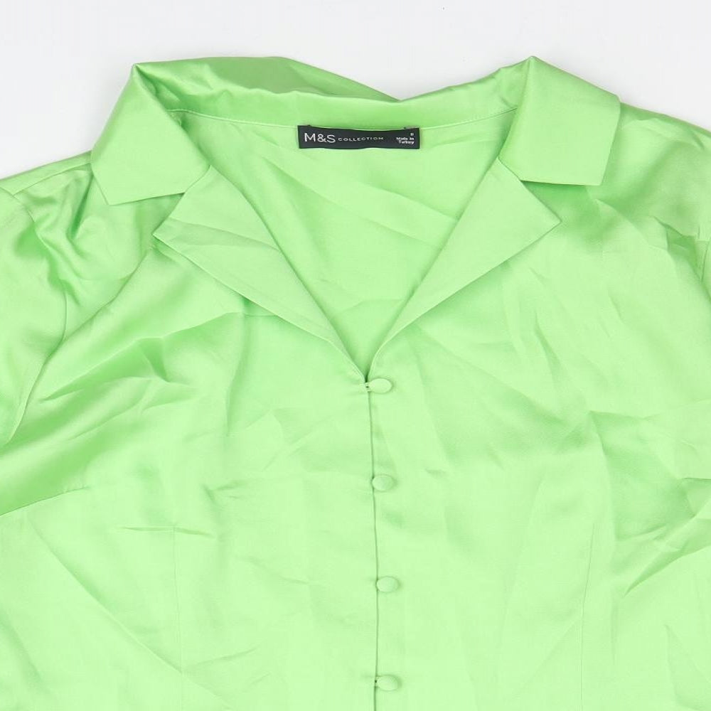 Marks and Spencer Womens Green Polyester Basic Button-Up Size 8 Collared