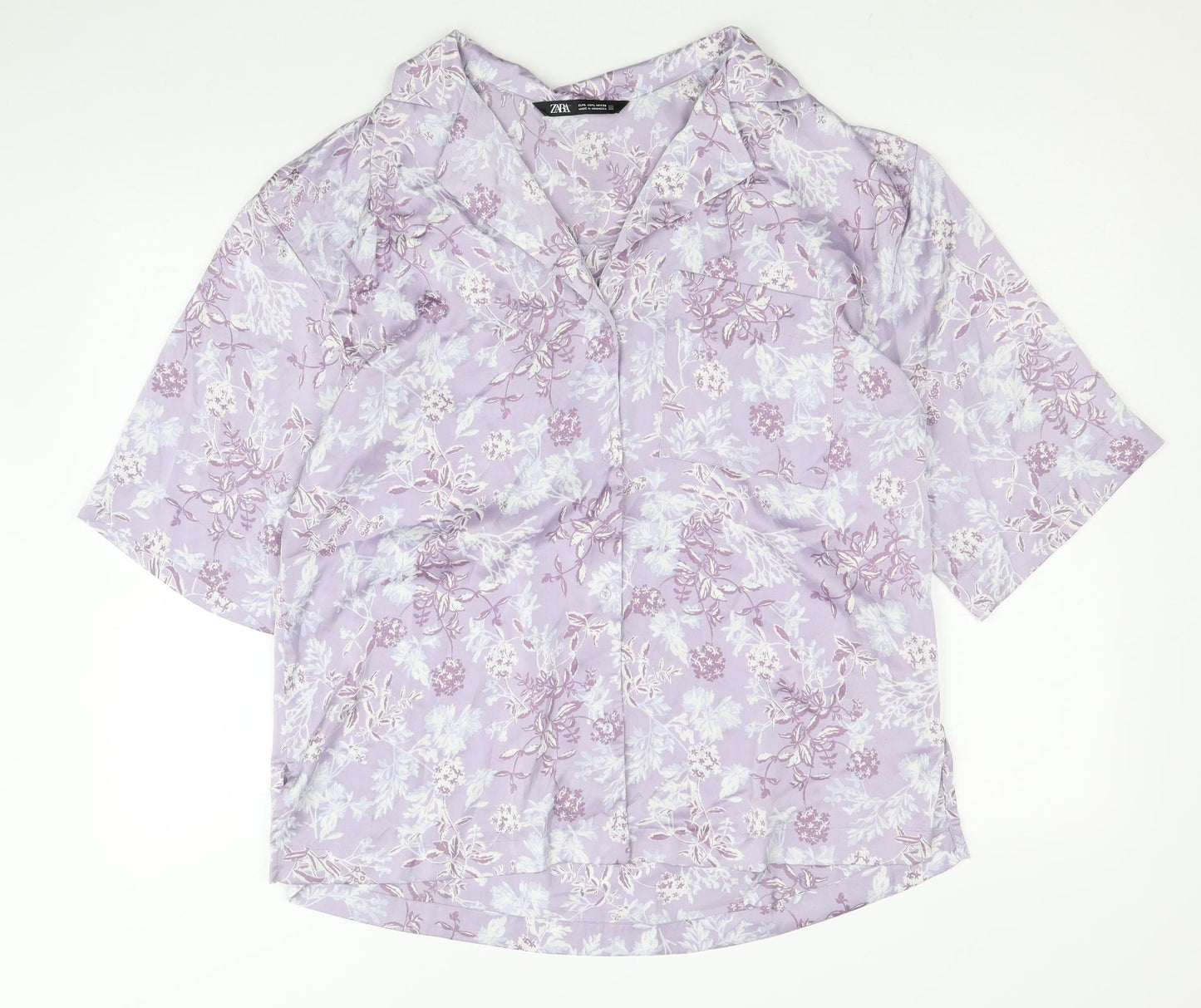 Zara Womens Purple Geometric Polyester Basic Button-Up Size L Collared