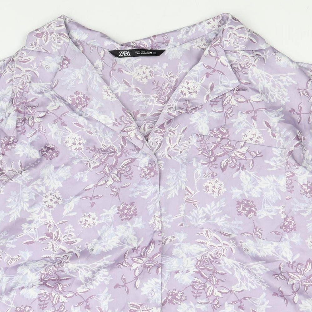 Zara Womens Purple Geometric Polyester Basic Button-Up Size L Collared
