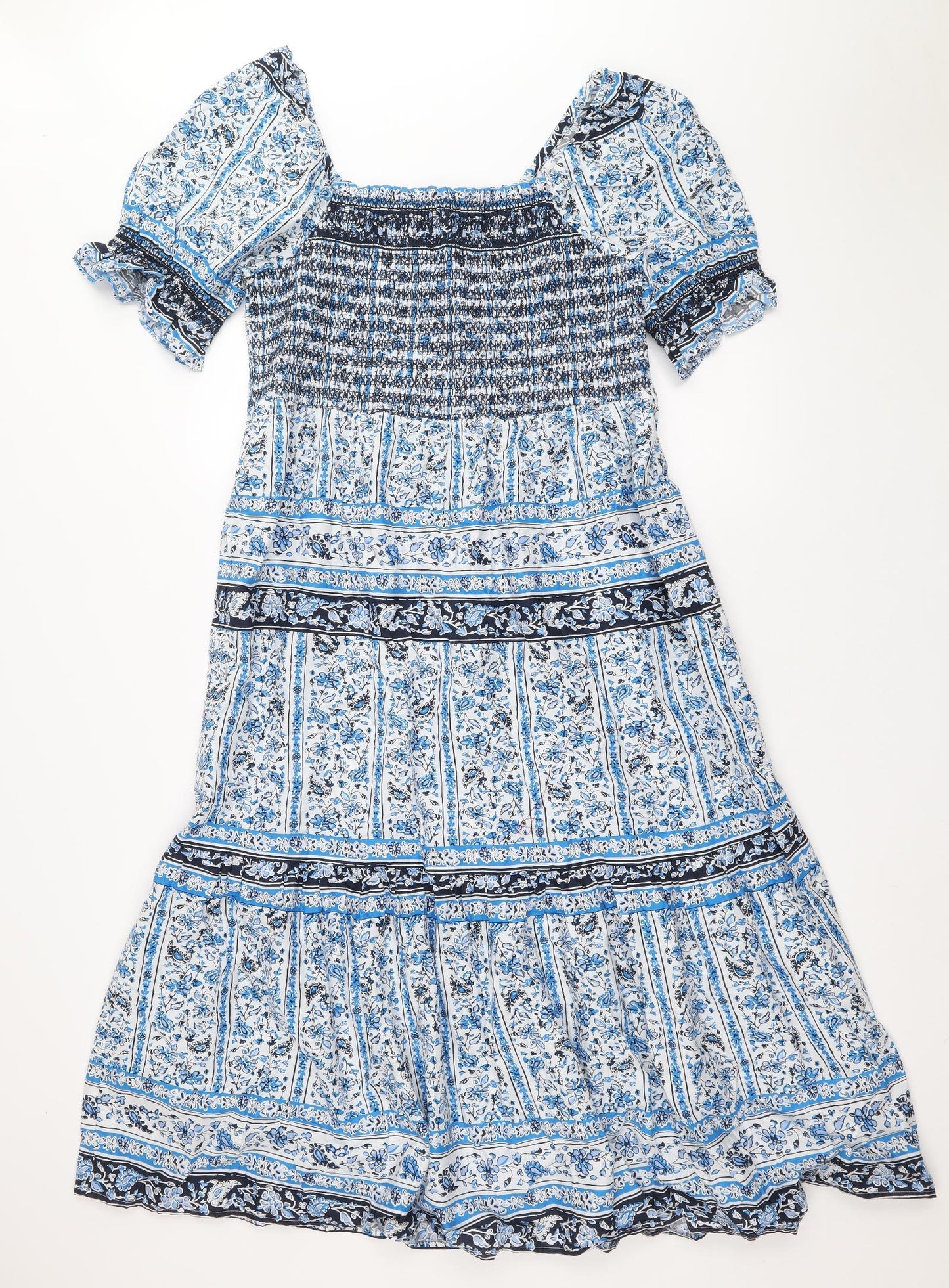 Marks and Spencer Womens Blue Geometric 100% Cotton Fit & Flare Size 14 Square Neck Pullover
