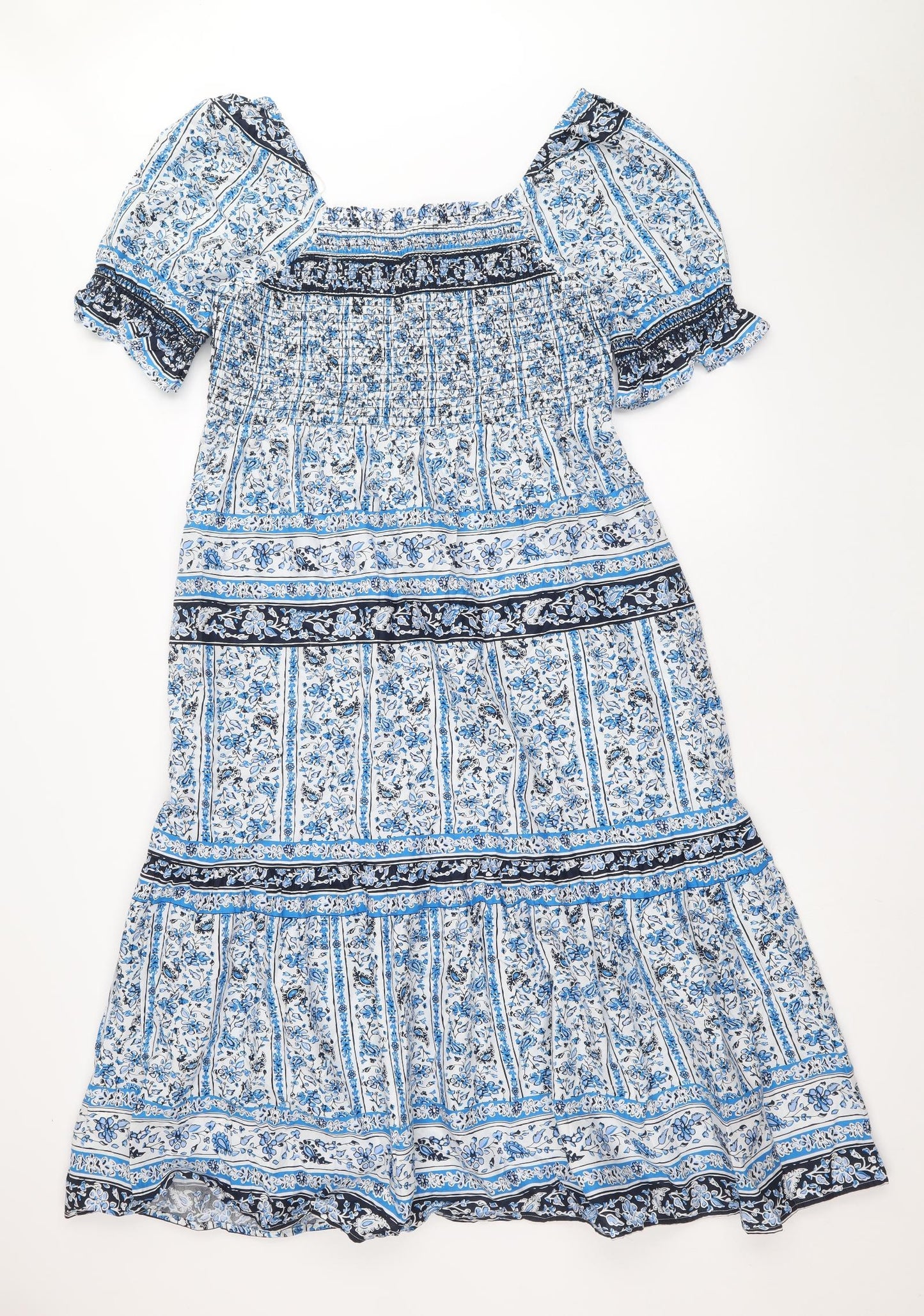 Marks and Spencer Womens Blue Geometric 100% Cotton Fit & Flare Size 14 Square Neck Pullover