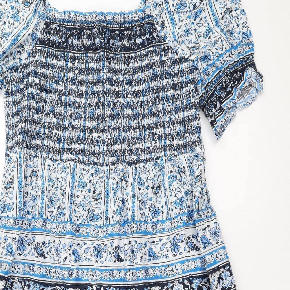 Marks and Spencer Womens Blue Geometric 100% Cotton Fit & Flare Size 14 Square Neck Pullover