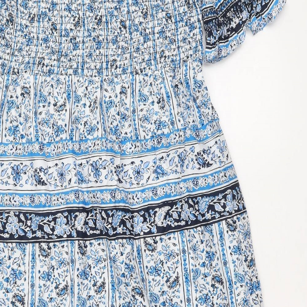 Marks and Spencer Womens Blue Geometric 100% Cotton Fit & Flare Size 14 Square Neck Pullover