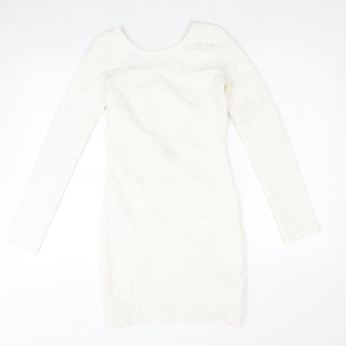 Topshop Womens White Geometric Polyester Mini Size 8 Scoop Neck Pullover
