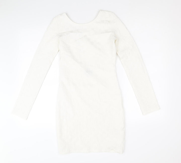 Topshop Womens White Geometric Polyester Mini Size 8 Scoop Neck Pullover