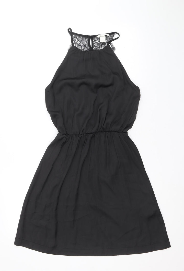 H&M Womens Black Polyester Fit & Flare Size 8 Scoop Neck Button - Lace Details