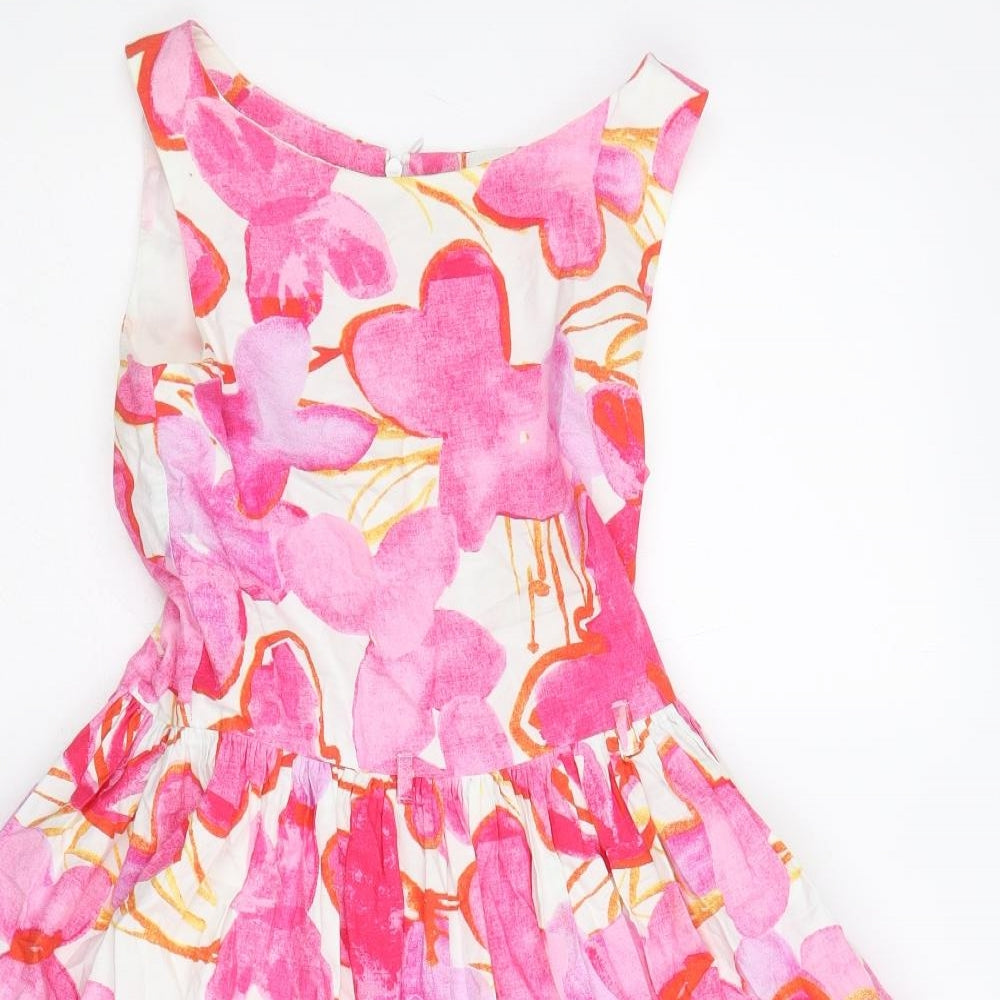 NEXT Girls Multicoloured Floral Cotton Skater Dress Size 8 Years Boat Neck Zip