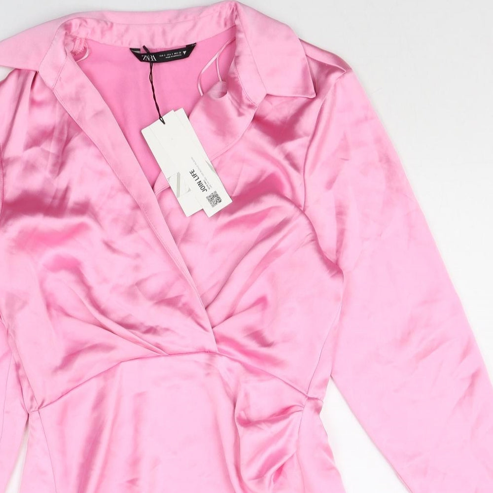 Zara Womens Pink Polyester Mini Size S Collared Zip
