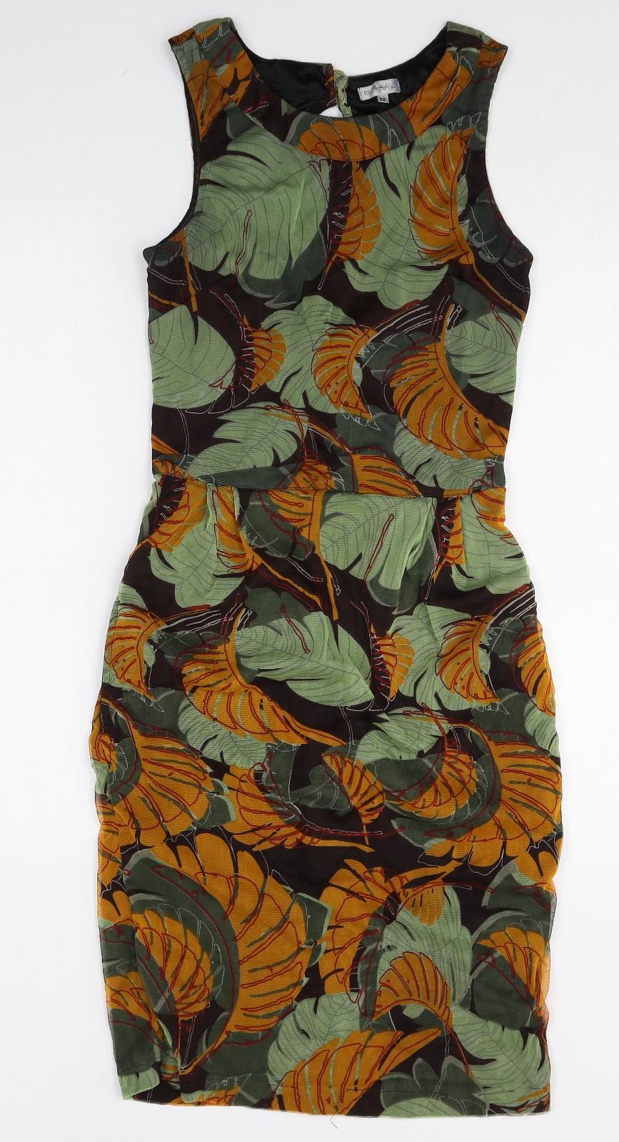 River Island Womens Multicoloured Geometric Polyester Pencil Dress Size 12 Boat Neck Button - Leaf Pattern