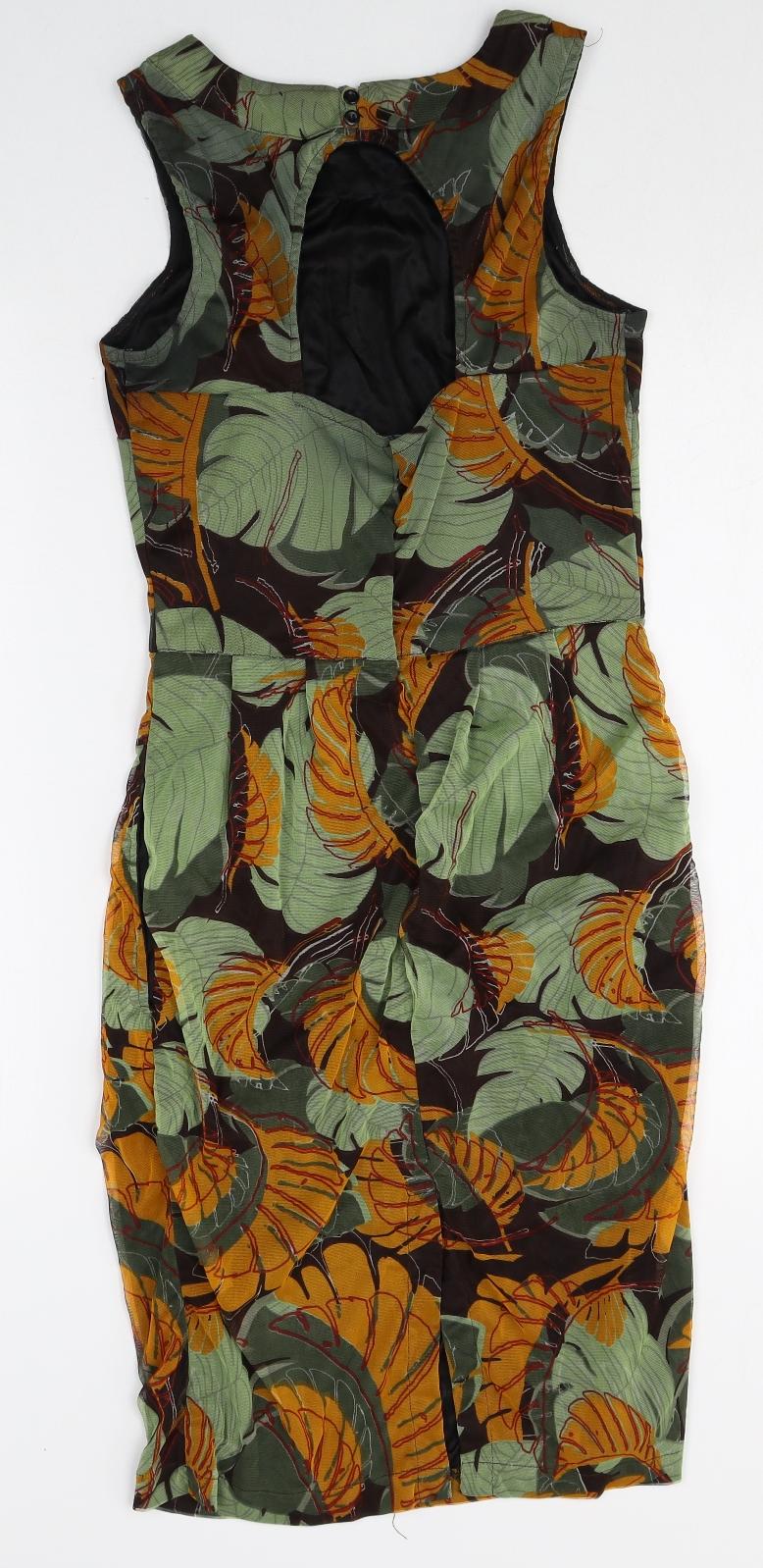 River Island Womens Multicoloured Geometric Polyester Pencil Dress Size 12 Boat Neck Button - Leaf Pattern