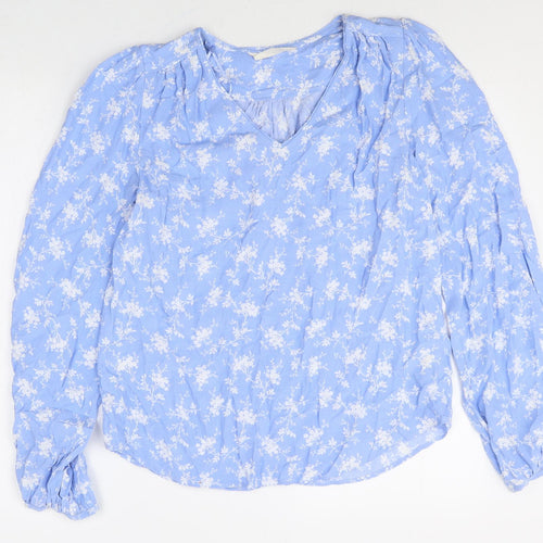Pre Una Womens Blue Floral Viscose Basic Blouse Size 6 V-Neck