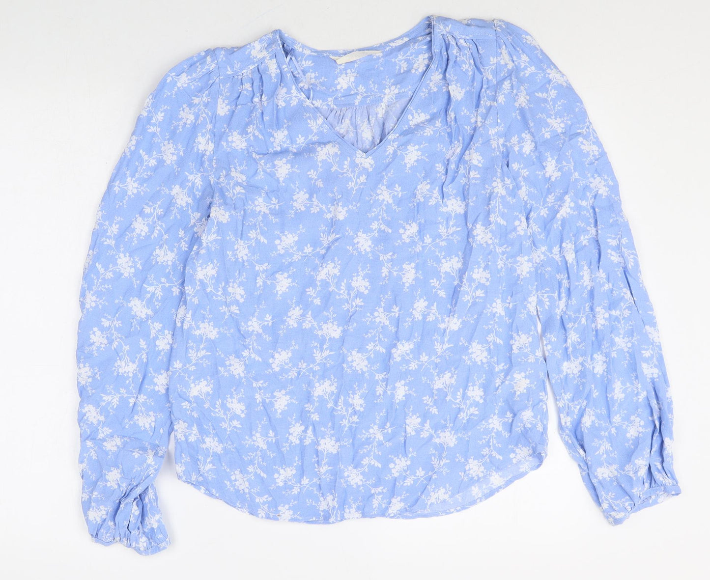Pre Una Womens Blue Floral Viscose Basic Blouse Size 6 V-Neck