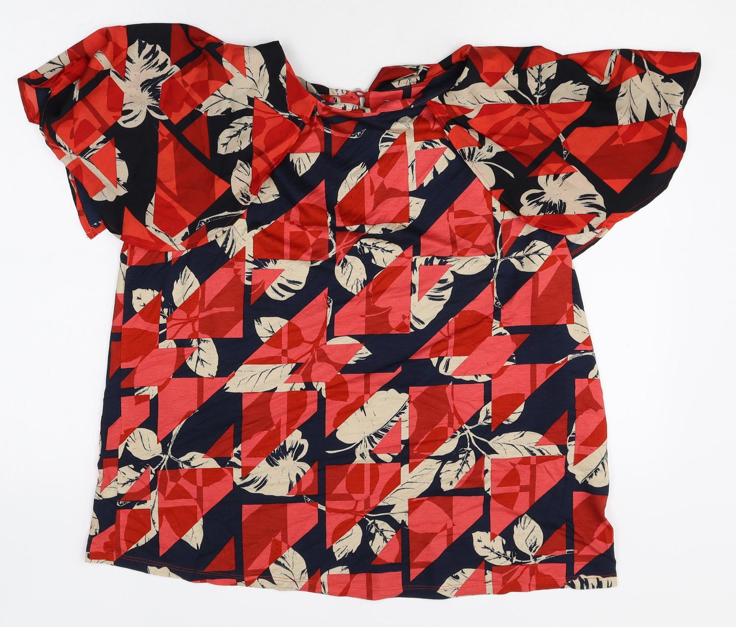 Marks and Spencer Womens Red Geometric Viscose Basic T-Shirt Size 18 Round Neck