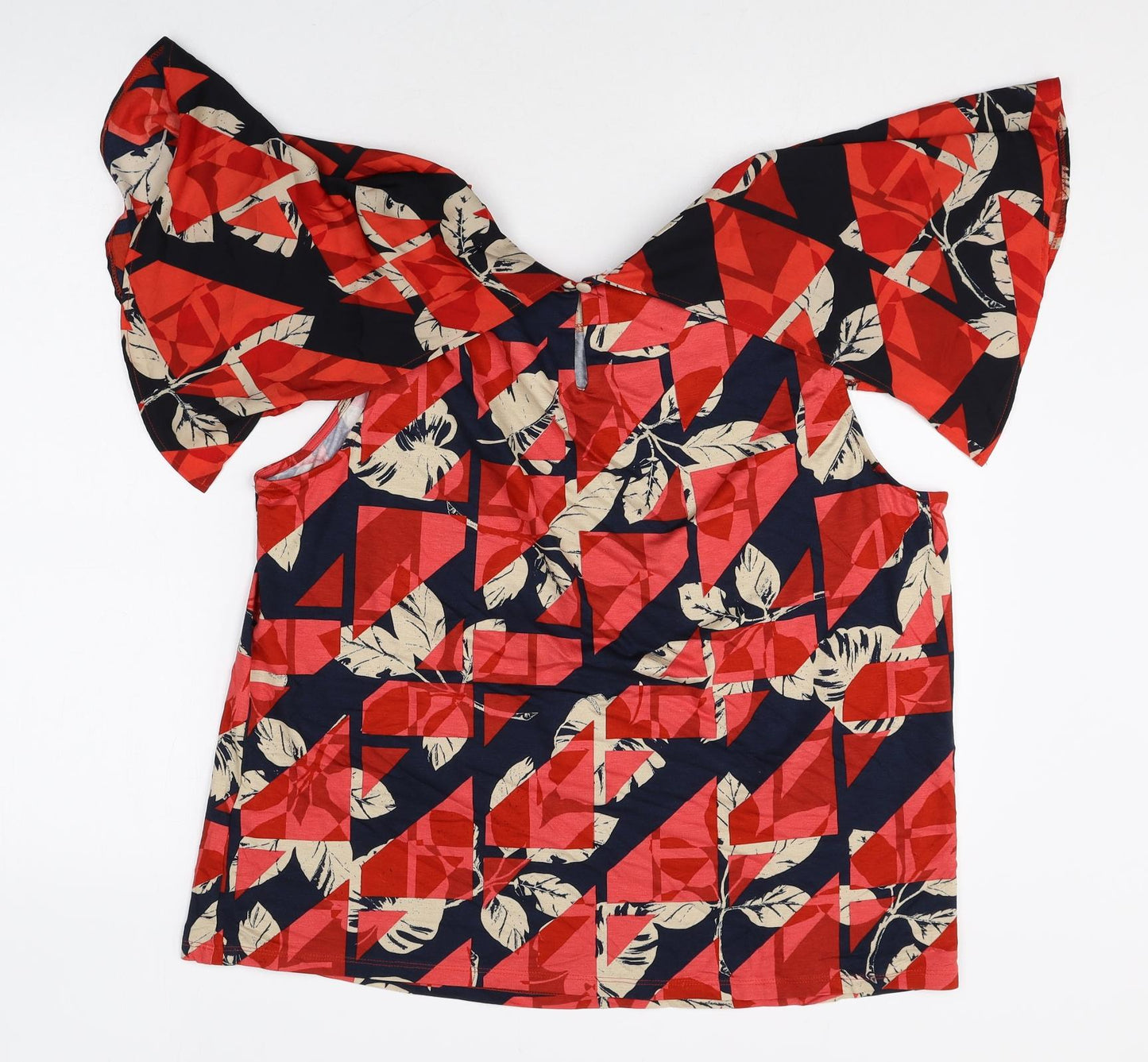 Marks and Spencer Womens Red Geometric Viscose Basic T-Shirt Size 18 Round Neck
