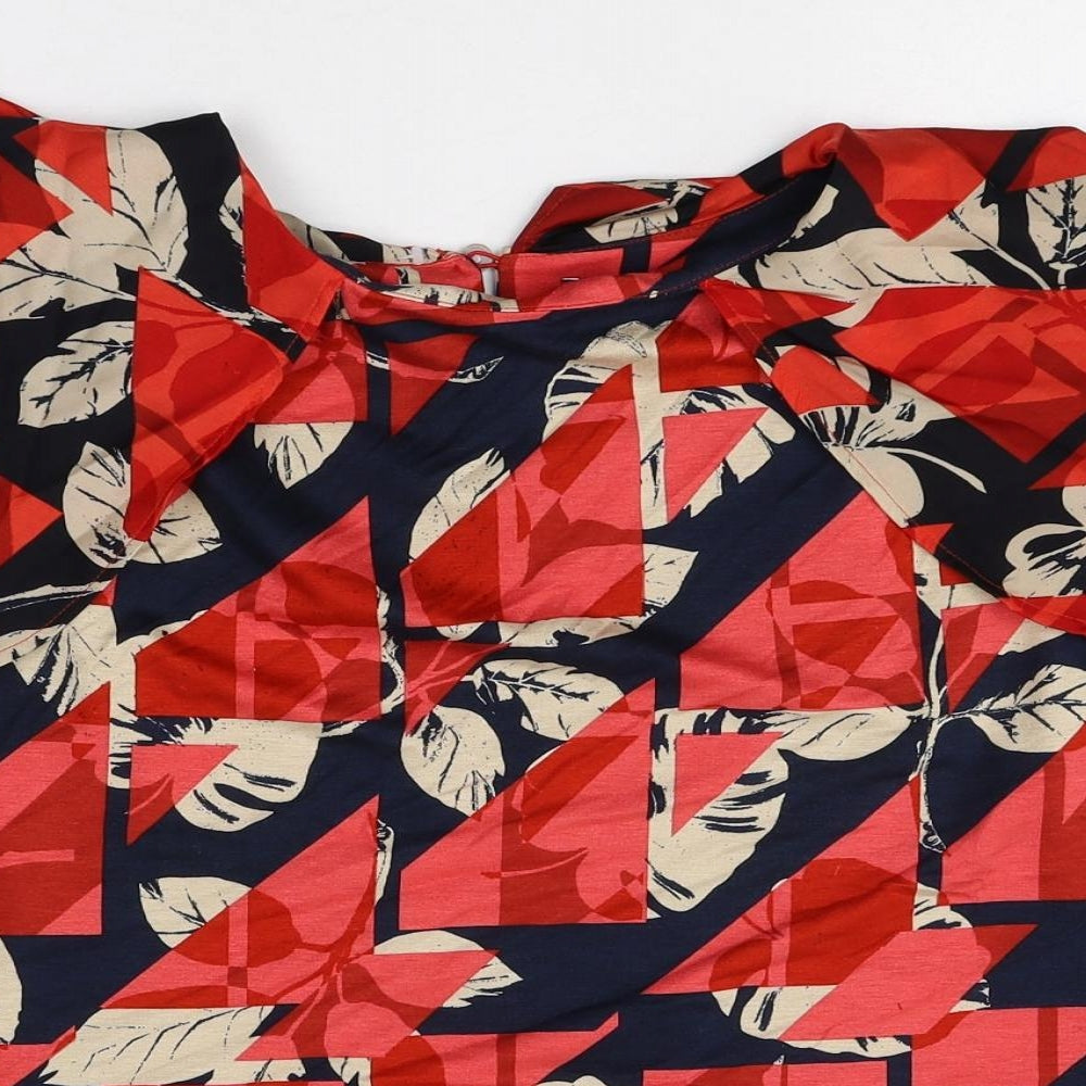 Marks and Spencer Womens Red Geometric Viscose Basic T-Shirt Size 18 Round Neck