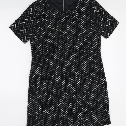 Nutmeg Womens Black Geometric Polyester Shift Size 12 Boat Neck Zip
