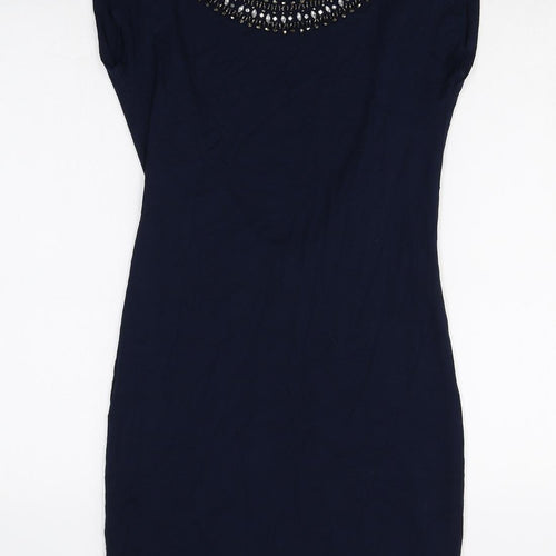 Warehouse Womens Blue Viscose A-Line Size 8 Round Neck Pullover