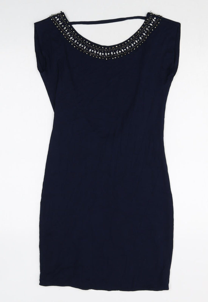 Warehouse Womens Blue Viscose A-Line Size 8 Round Neck Pullover