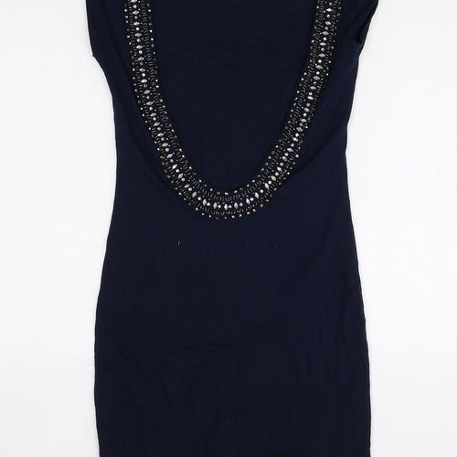 Warehouse Womens Blue Viscose A-Line Size 8 Round Neck Pullover