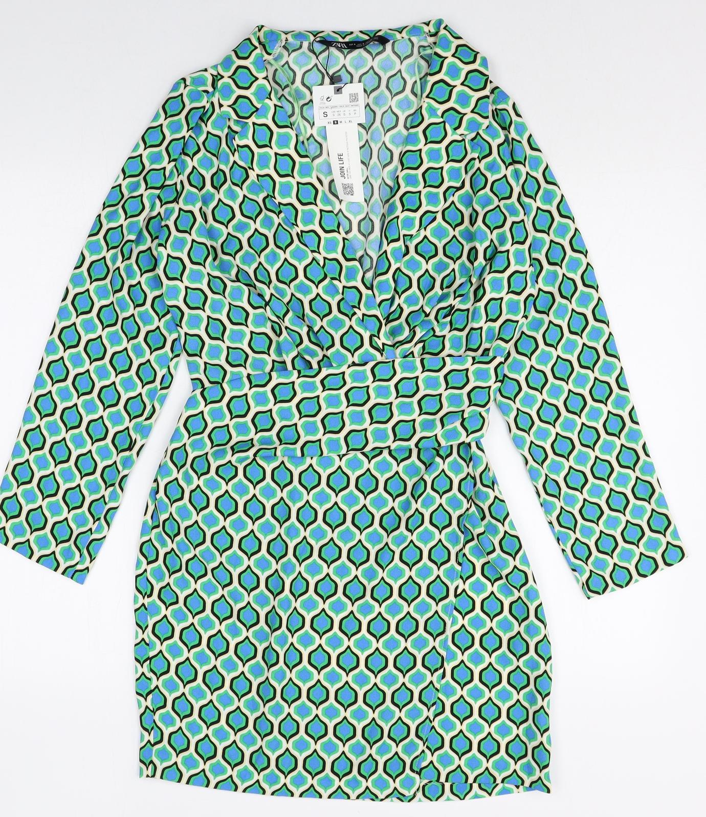 Zara Womens Multicoloured Geometric Polyester Shirt Dress Size S Collared Pullover