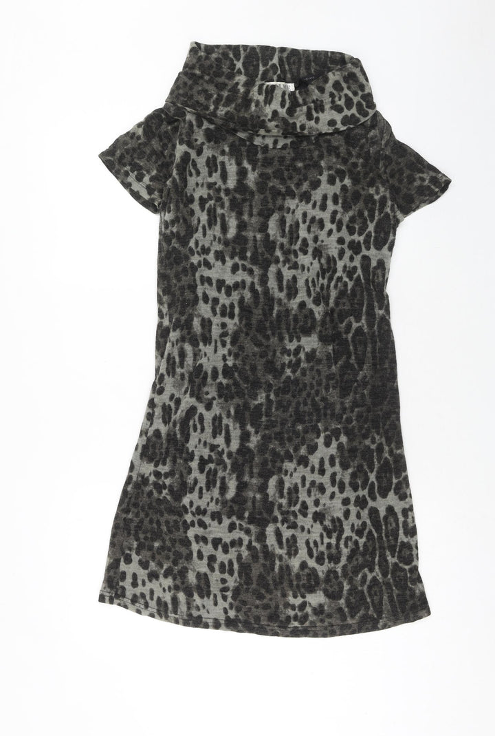 Palme Womens Grey Animal Print Acrylic A-Line Size M Roll Neck Pullover - Leopard Pattern
