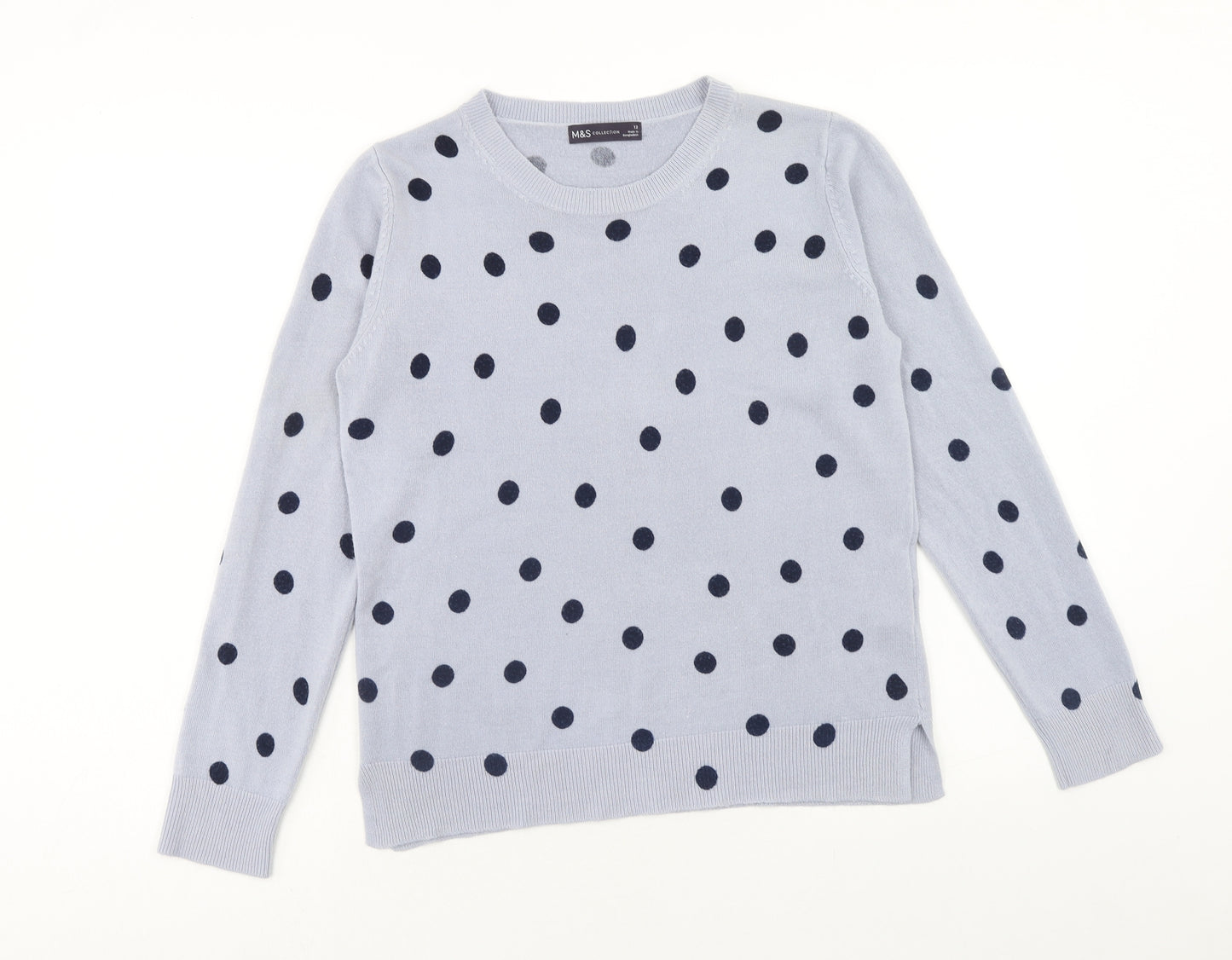 Marks and Spencer Womens Blue Round Neck Polka Dot Acrylic Pullover Jumper Size 12