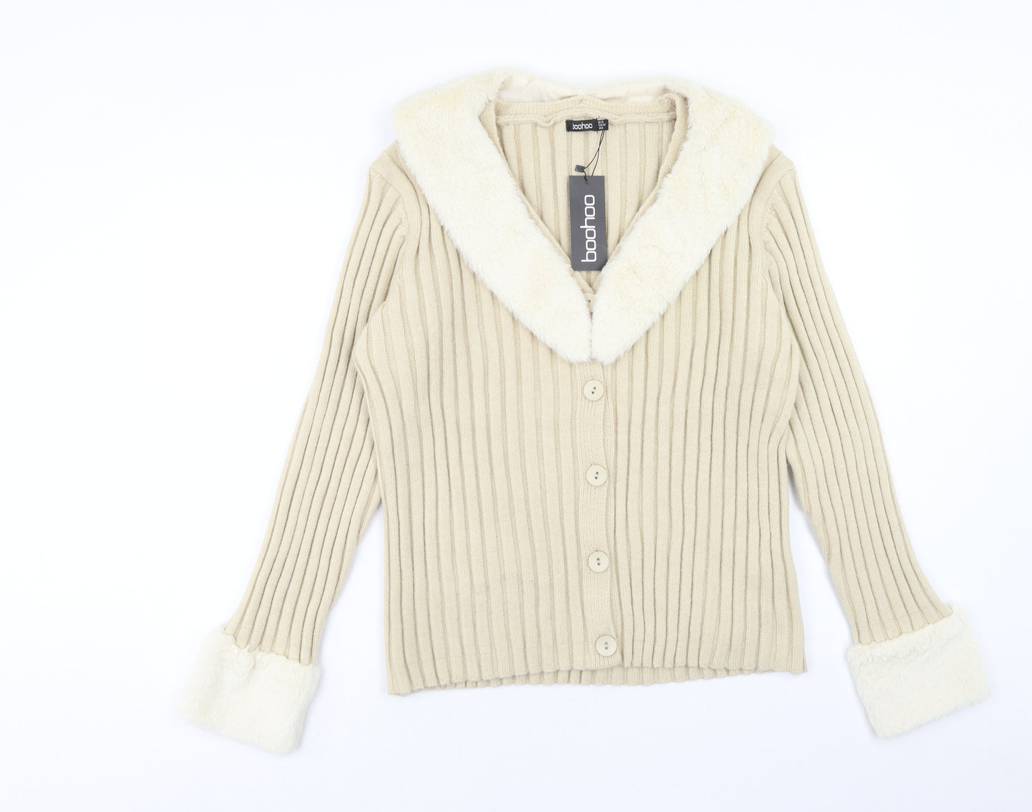 Boohoo Womens Beige V-Neck Acrylic Cardigan Jumper Size 12 - Fur trim