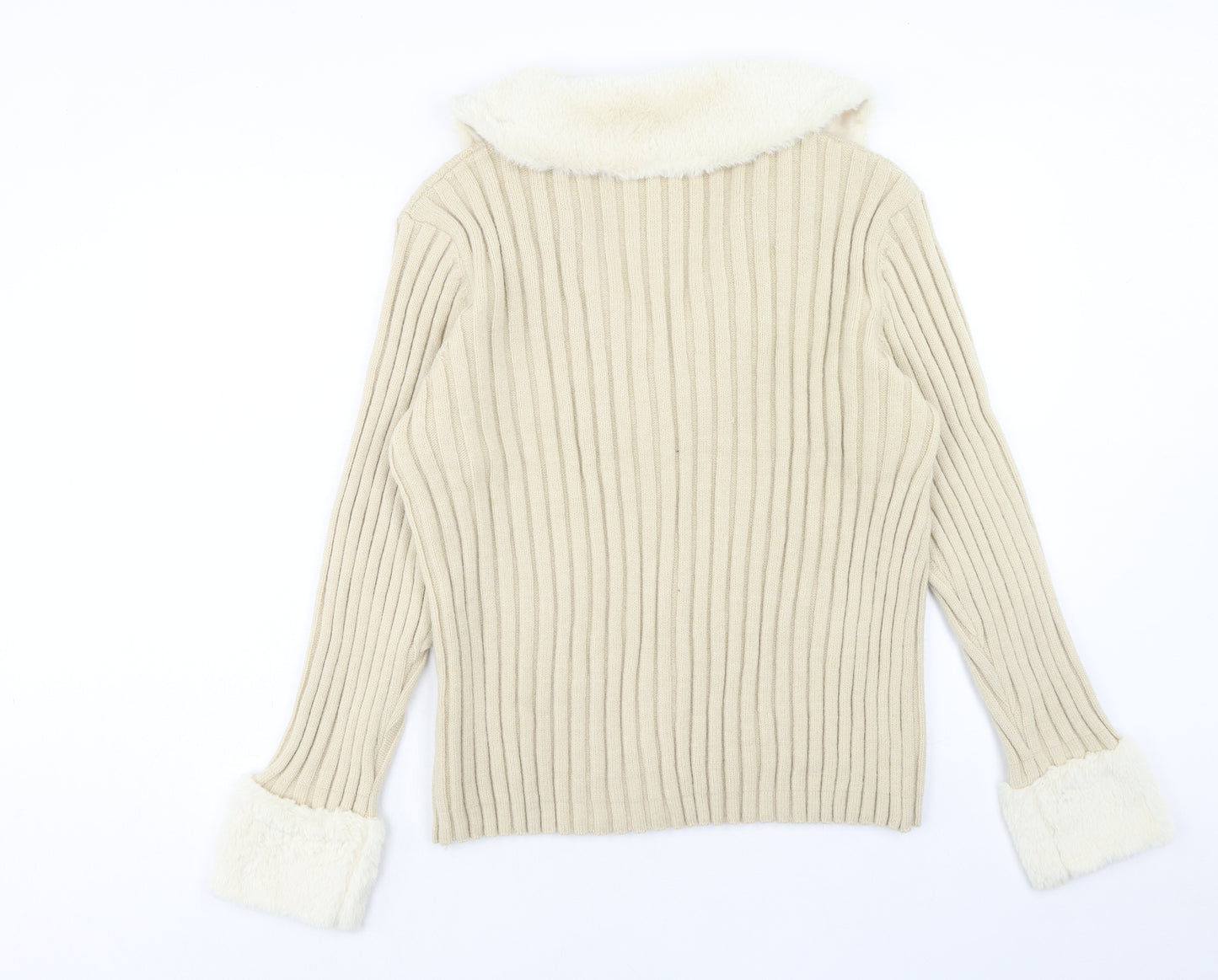 Boohoo Womens Beige V-Neck Acrylic Cardigan Jumper Size 12 - Fur trim