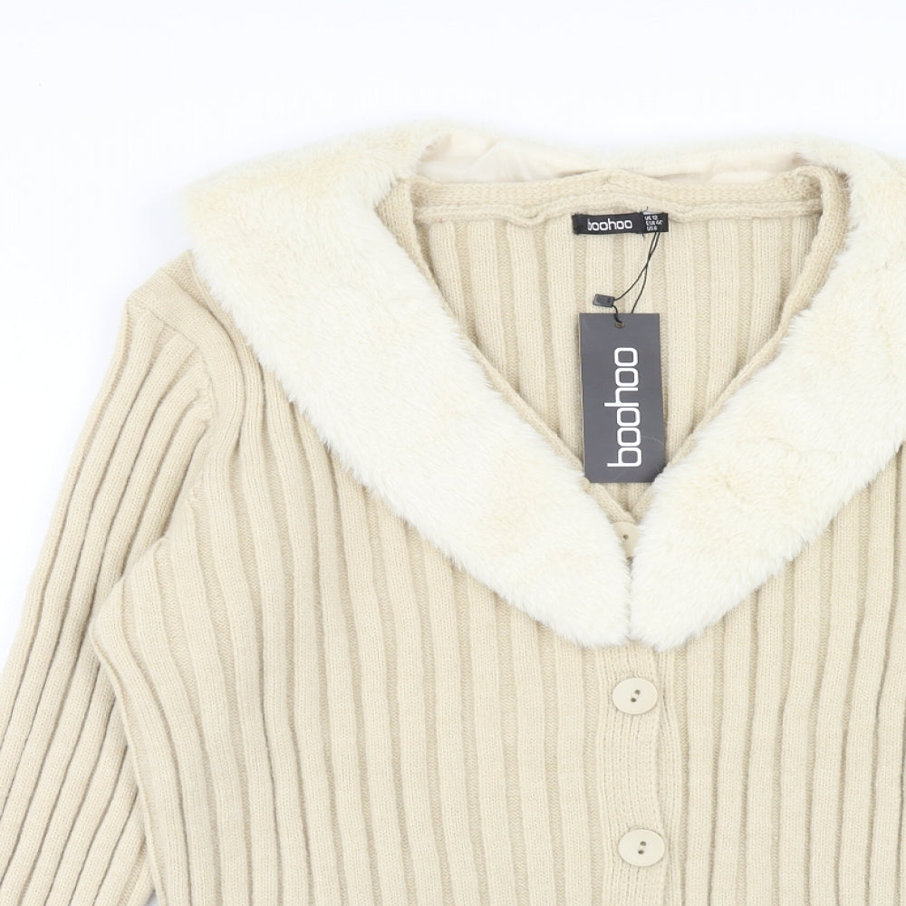Boohoo Womens Beige V-Neck Acrylic Cardigan Jumper Size 12 - Fur trim