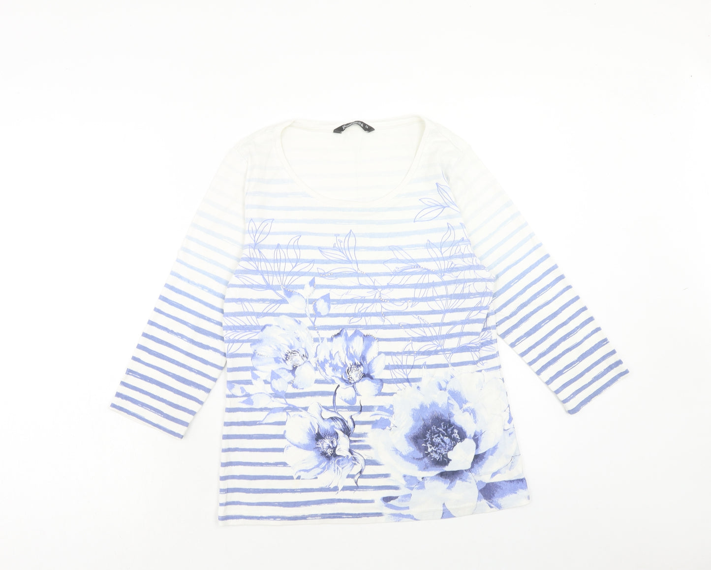 Bonmarché Womens White Striped Cotton Basic T-Shirt Size 14 Scoop Neck - Flower