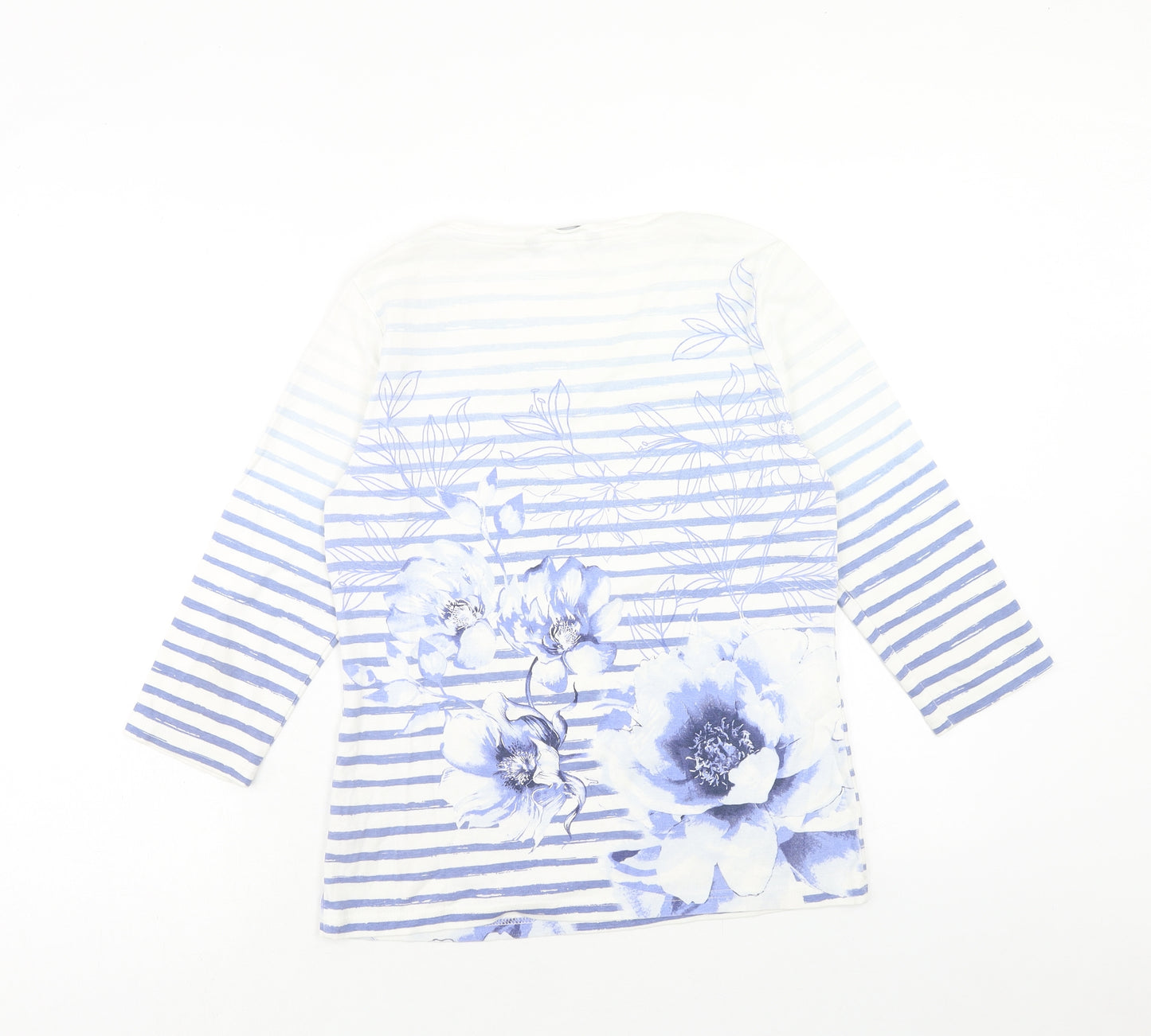 Bonmarché Womens White Striped Cotton Basic T-Shirt Size 14 Scoop Neck - Flower