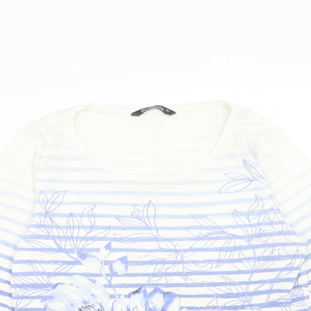 Bonmarché Womens White Striped Cotton Basic T-Shirt Size 14 Scoop Neck - Flower