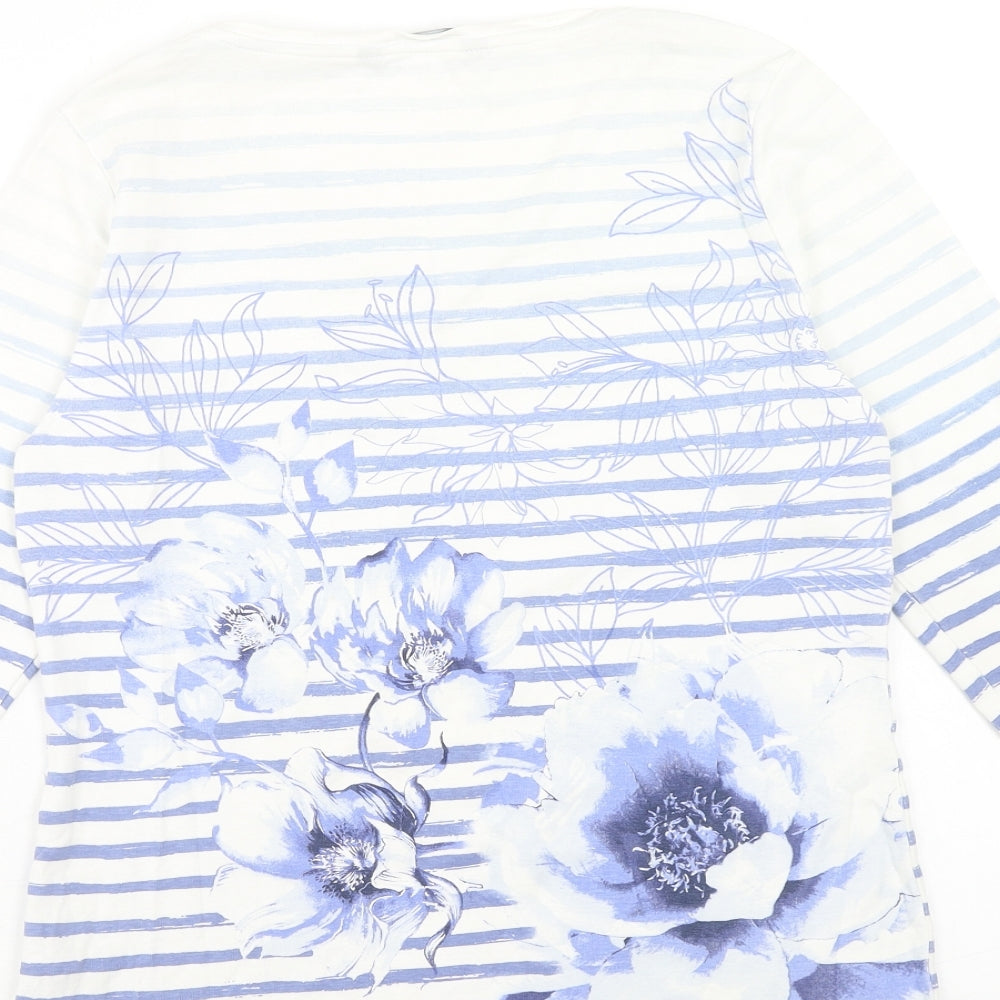 Bonmarché Womens White Striped Cotton Basic T-Shirt Size 14 Scoop Neck - Flower